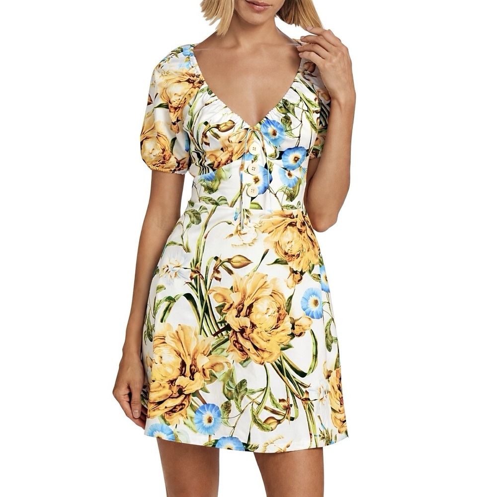 New! FAVORITE DAUGHTER Beloved Floral Mini Dress White Yellow Blue Green 8‎